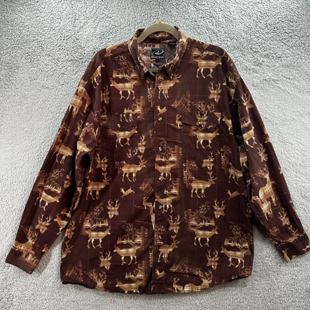 Roper Mens XL Brown Deer Forest Print Button Down Shirt Long Sleeve Cotton EUC